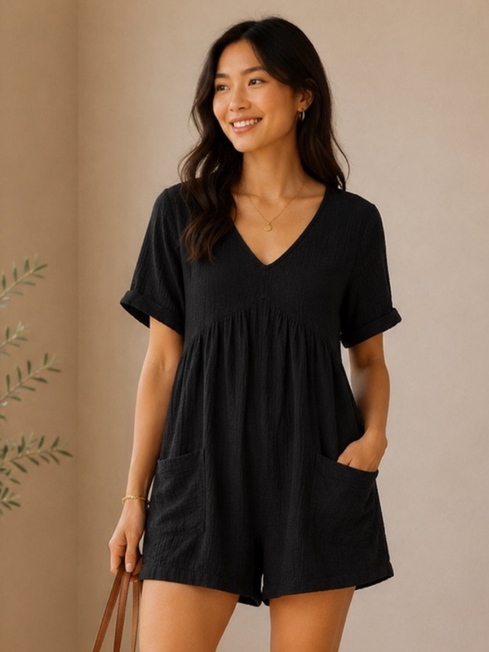 Black V-Neck Short Sleeve Tunic Romper with Pockets